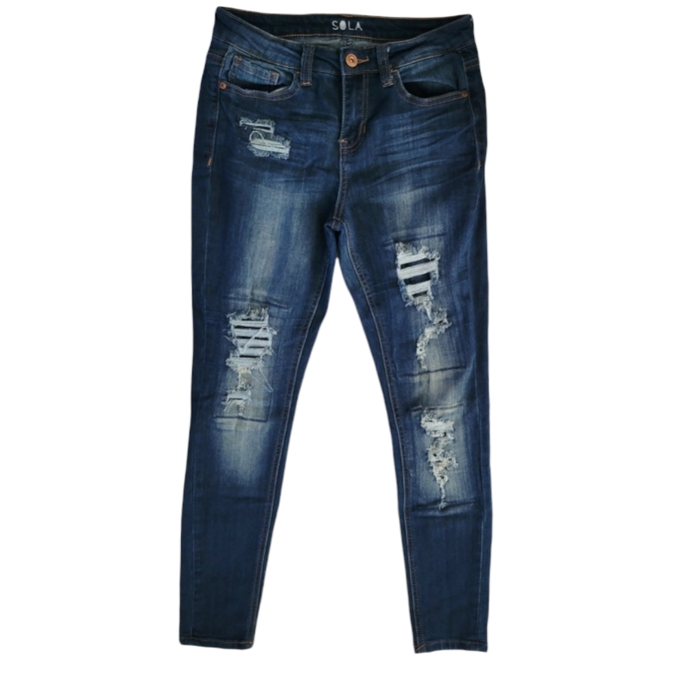 Sola Ankle Jegging Jeans Womens 5 Stretch Distressed Denim Dark Wash Pockets